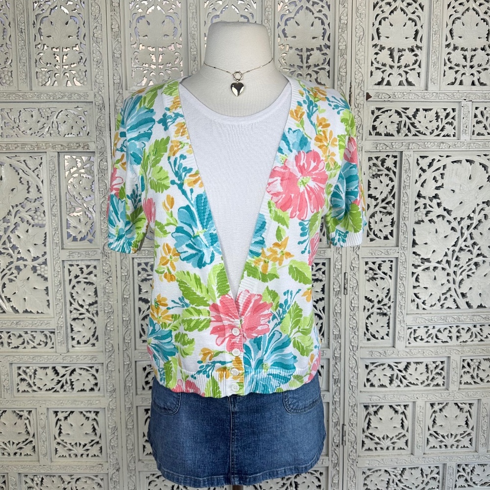 Vtinage Colorful Floral Grannycore Ribbedβ Short Sleeve Cardigan Shirt Set Sz S
